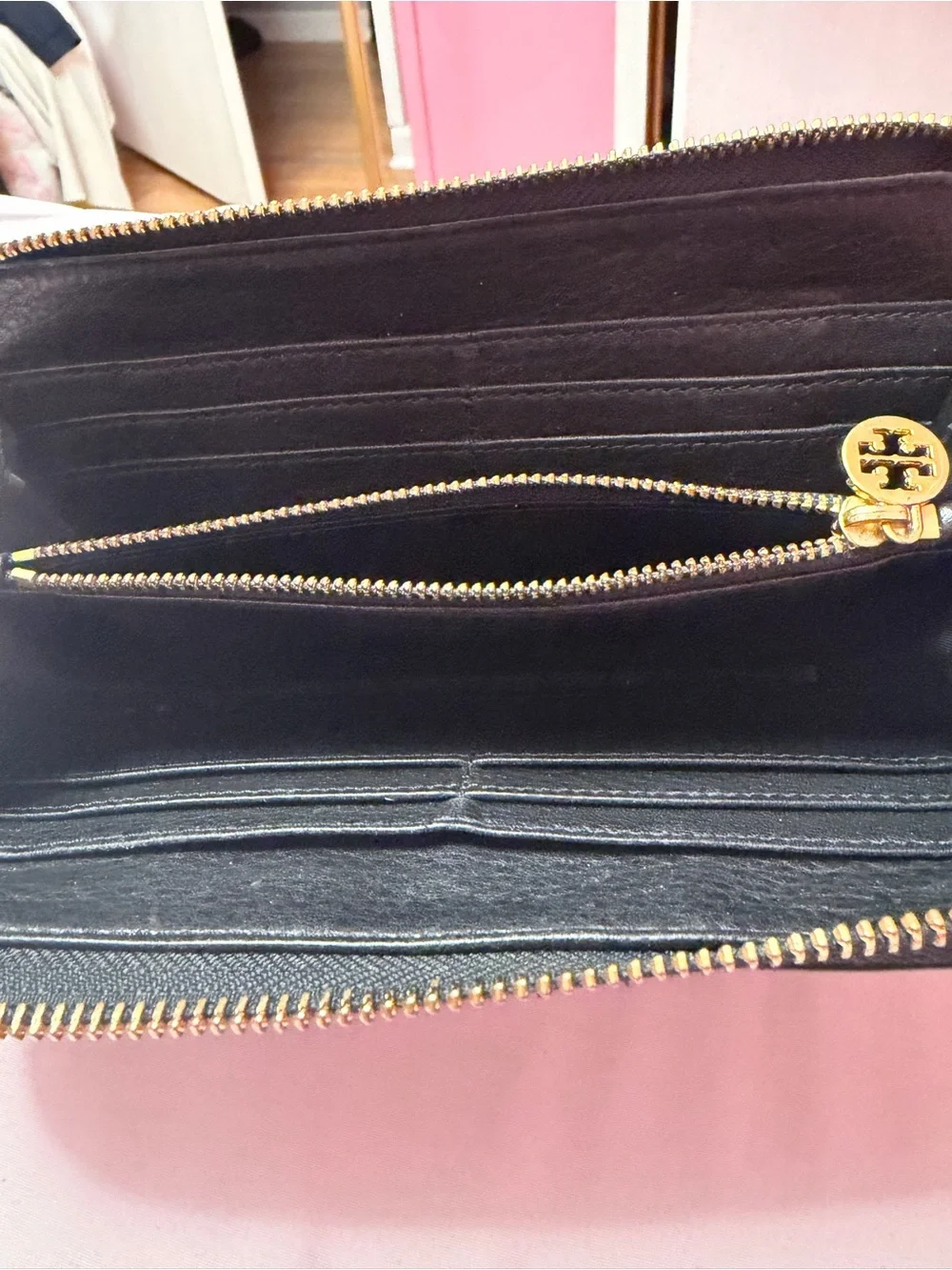 Tory Burch Black Leather Zip-Around Wallet with Gold Hardware